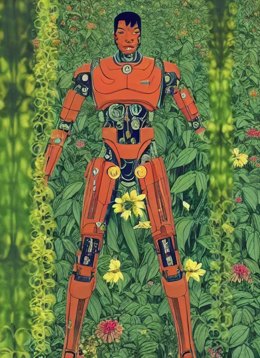 Prompt: a full body shot of cyborg in some plants with flowers for a face by satoshi kon and greg rutkowski, 7 0's vintage sci - fi flat surreal design