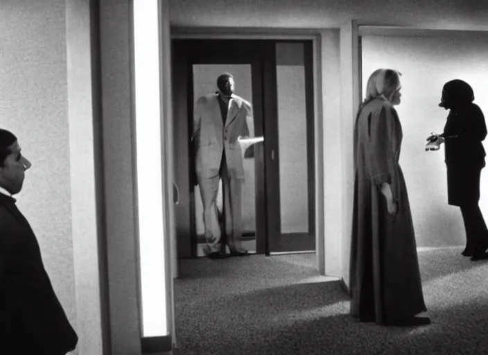 Image similar to cinematic shot of octavia spencer confronts joe manchin in a motel, in the near future, iconic scene from the paranoid thriller sci fi film directed by stanley kubrick, color theory, apartment design, leading lines, photorealistic, volumetric lighting