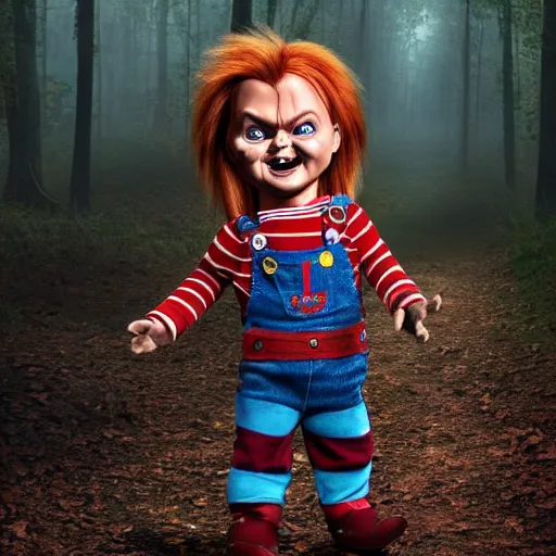 Image similar to chucky the doll in the woods foggy digital art 4 k detailed super realistic