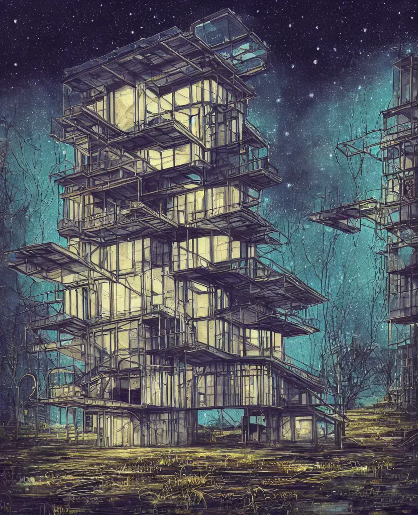 Image similar to a beautiful detailed painting of city building tiny home urbex industrial architecture unfinished building architecture nature abandoned by philip johnson, galactic gem liberty city nightsky poppy lightpaint futuristic, archdaily, wallpaper, highly detailed, trending on artstation.