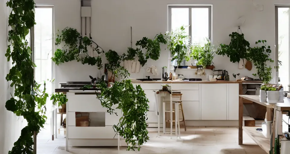 Image similar to IKEA catalogue photo, high end farm house style kitchen, sand piled in corners, dust, organic, vines, overgrown, tropical, by Dali