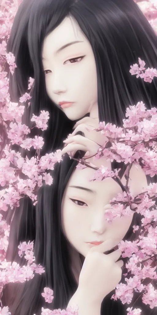 Prompt: a beautiful detailed render of an attractive japanese female with long black hair covering part of her face and wearing a seifuku, standing next to a beautiful cherry blossom tree, centered, trending on artstation and deviantart and behance, extreme detailing, dim dusk lighting, cinematic lighting, detailed lighting, volumetric lighting, realistic, f 8, 4 k hd wallpaper