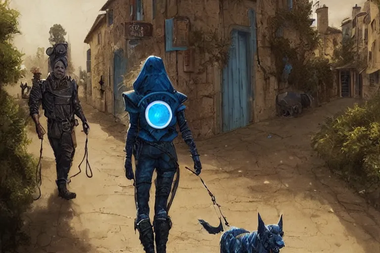 Image similar to a couple walking their dog in lourmarin, in mad max style, stargate, coriolios rpg art style, full of details, dark sci - fi, cold blue colors, matte painting, artstation, 8 k, hyperrealistic, style of peter mohrbacher