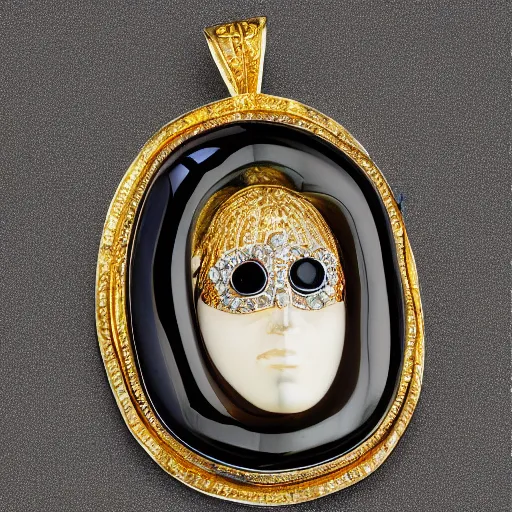 Prompt: an ornate pendant made of gold and onyx and gemstones, designed by hr giger and georgia okeeffe