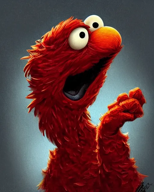 Image similar to portrait of elmo from sesame street, fantasy, intricate, elegant, highly detailed, digital painting, artstation, concept art, smooth, sharp focus, illustration, art by artgerm and greg rutkowski