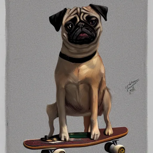 Image similar to a pug dog sitting on top of a skateboard, a digital painting by jeffrey smith, featured on cg society, digital art, digital painting, sketchfab, digital illustration