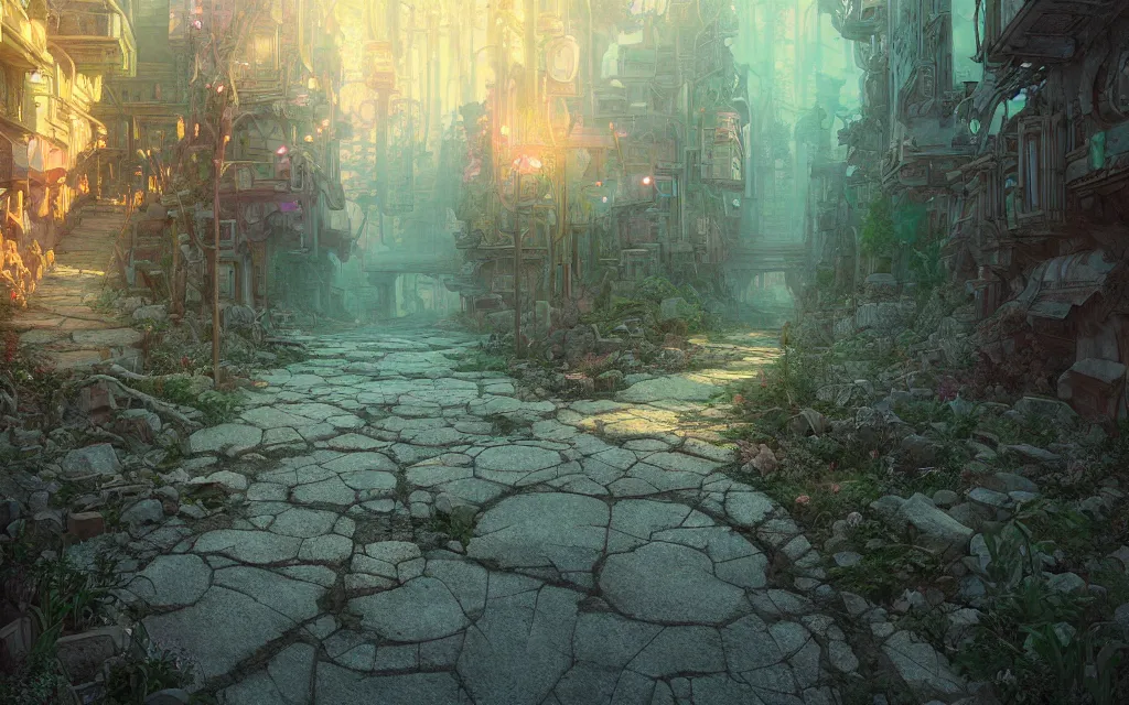 Prompt: a dreamy otherworldly 3 d render of stone pathway through post - apocalyptic abandoned city, studio ghibli, pixar and disney exploded - view drawing, sharp, disney octane render splatter paint vray by shinji kimura and alphonse mucha and alena aenami, maximalist pastel color palette, ( ( bloom ) ), dramatic lighting