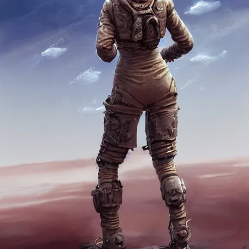 Image similar to tattooed dirty stoic butch heroic emotionless blonde woman engineer in tattered dirty flight suit, very short messy hair, victorian goggles, back pose, crossing primitive hostile alien desert, clouds of red dust, highly detailed, digital painting, artstation, concept art, matte, sharp focus, illustration, art by moebius and artgerm and greg rutkowski