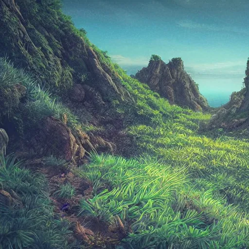 Image similar to artistic digital artwork of a lush natural scene on an alien planet. beautiful landscape by lurid ( 2 0 2 2 ). weird vegetation. cliffs and water. grainy and rough. soft interesting colour palette. straight shapes mixed with organic details. beautiful light. high quality render.