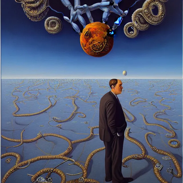 Image similar to an oil on canvas portrait painting of a business man, polycount, surrealism, surrealist, lovecraftian, cosmic horror, rob gonsalves, high detail