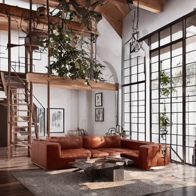 Prompt: post and beam a - frame interior, tall ceilings and loft, caramel leather couch, bookshelf, vintage refrigerator and kitchen, large window in back with fall foliage, many plants hanging, marble countertops, spiral staircase, realistic, unreal engine render, octane render, hyper realistic, photo, 8 k