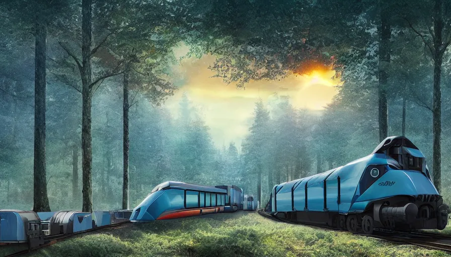 Prompt: futuristic cargo train driving through forest, matte painting, artstation, sunrise, blue sky, solarpunk