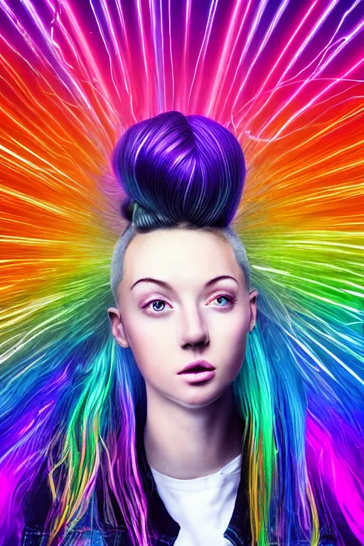 Prompt: a award winning half body portrait of a beautiful woman with stunning eyes in a croptop denim jacket and cargo pants with ombre rainbow hairstyle head in motion and hair flying while dancing by thomas danthony, surrounded by whirling illuminated lines, outrun, vaporware, shaded flat illustration, digital art, trending on artstation, highly detailed, fine detail, intricate