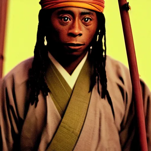 Image similar to cinematic film still Lil' Wayne starring as a Samurai holding fire, Japanese CGI, VFX, 2003, 400mm lens, f1.8, shallow depth of field,film photography