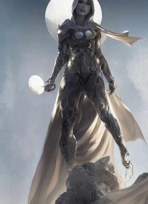 Image similar to female moon knight, hyper detailed, dynamic background, digital art, trending in artstation, cinematic lighting, studio quality, smooth render, unreal engine 5 rendered, octane rendered, art style by klimt and nixeu and ian sprigger and wlop and krenz cushart