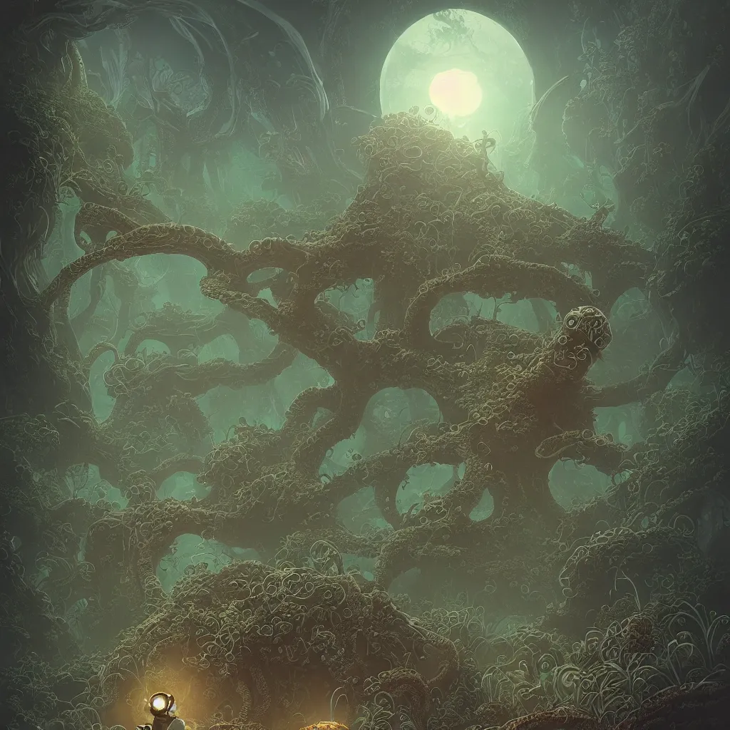 Image similar to highly detailed illustration of a nausicaa alien cephalopod in a world overgrown with fungus and spores, diffuse lighting, fog, stunning atmosphere, religious imagery, huge gargantuan black sun, muted colors, by kilian eng and james jean