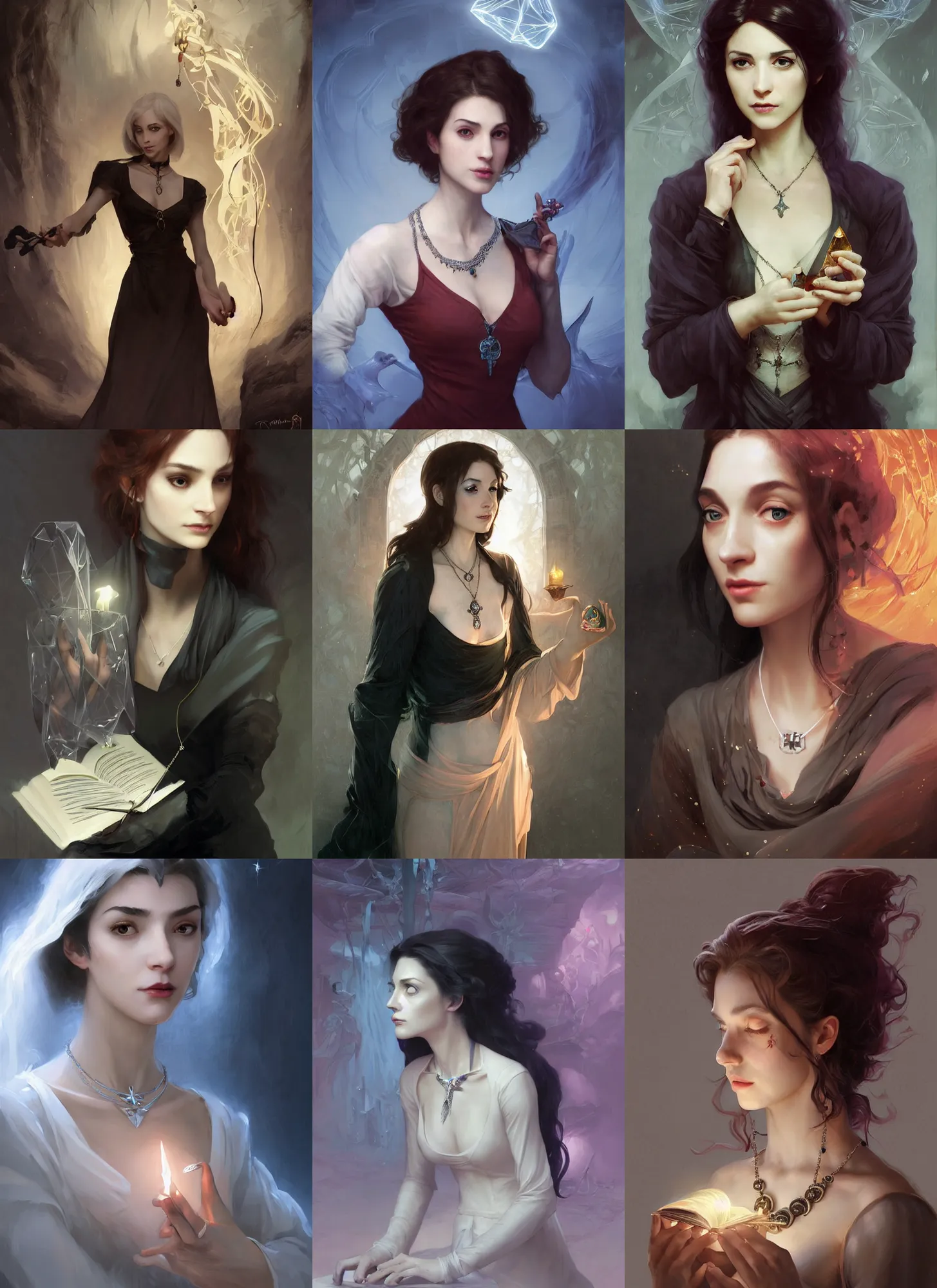 Prompt: character concept portrait of an attractive young focused Spanish witch with pale skin and a magic crystal necklace enchanting a glowing seduction spell, a floating glowing spell book in the center, intricate, elegant, digital painting, concept art, smooth, sharp focus, illustration, from Metal Gear, by Ruan Jia and Mandy Jurgens and William-Adolphe Bouguereau, Artgerm