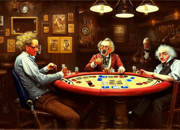 Image similar to playing poker in a saloon, Isaac Newton and Stephen Hawking and Albert Einstein, by Mandy Jurgens, trending on artstation, Richard Schmid and norman rockwell