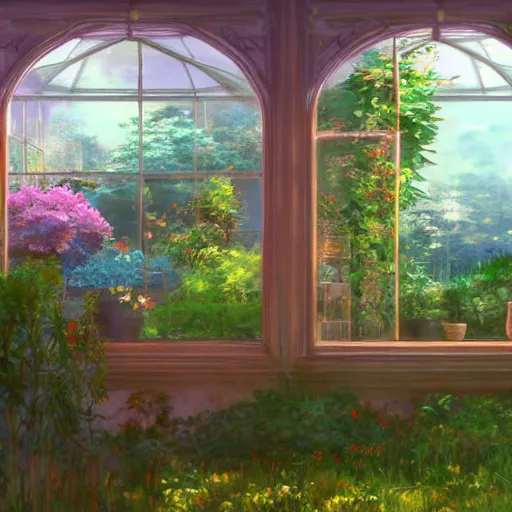 Prompt: a heavenly dream view from the interior of my cozy greenhouse filled with exotic and numerous plants from a Makoto Shinkai oil on canvas inspired pixiv dreamy scenery art majestic fantasy scenery cozy window frame fantasy pixiv scenery art inspired by magical fantasy exterior