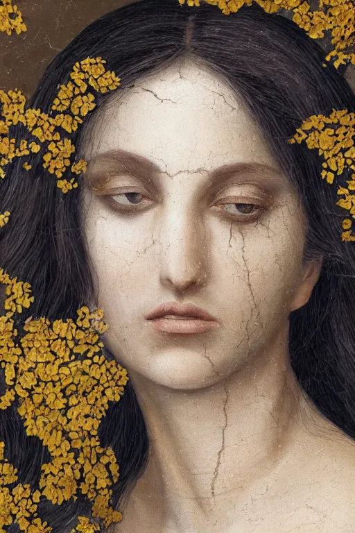 Prompt: hyperrealism close - up mythological portrait of a medieval woman's shattered face partially made of golden color flowers in style of classicism, pale skin, wearing silver dress, dark and dull palette