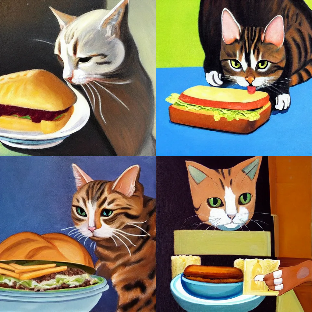 Prompt: a painting of a cat eating a big sandwich from a bowl. Cat eating sandwich. Cat has food mouth.