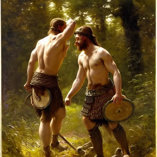 Image similar to 2 attractive male vikings frolicking in the forest. highly detailed painting by gaston bussiere, craig mullins, j. c. leyendecker, 8 k