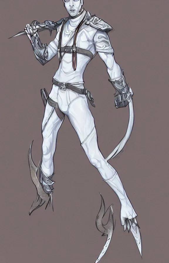Prompt: Slim Male Fantasy assasin; White Clothes; Translucent neonbright daggers; Concept Art; Digital Painting; Drawn by Tony Sart; Flat Colors;