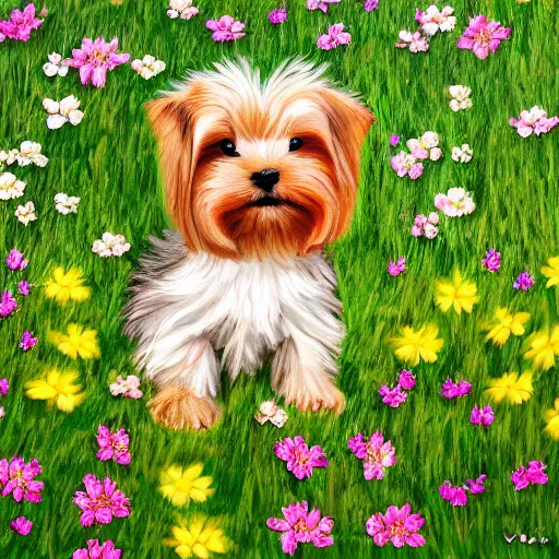 Prompt: cute fluffy yorkshire terrier puppy sitting in grass and spring flowers detailed painting 4 k