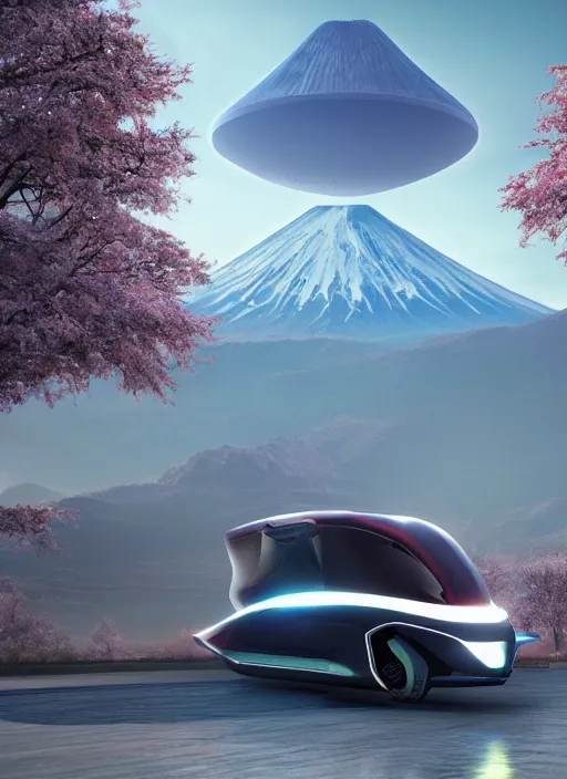 Image similar to a futuristic magical solarpunk tesla cyber truck vehicle hover craft in the future of 2 0 8 9 futuristic version, dieselpunk look, elegant automotive parts shape, aero dynamic, digital art. trending on artstation. cyberpunk look hovering by mount fuji early in the morning with a few blossom trees around, high quality photo