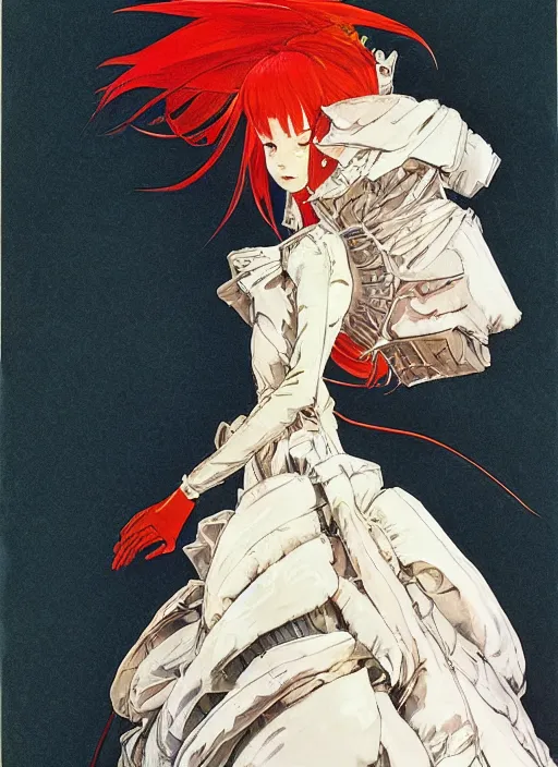 Prompt: a low angle copic maker art nouveau portrait of asuka langley detailed features wearing a puffy futuristic wedding dress designed by balenciaga by john berkey, norman rockwell akihiko yoshida