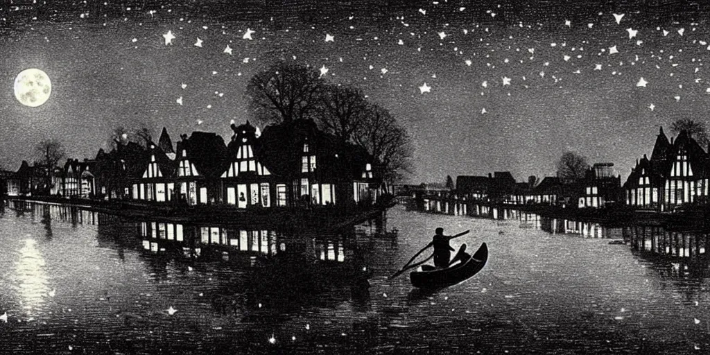 Prompt: Dutch houses along a river, silhouette!!!, Circular white full moon, black sky with stars, lit windows, stars in the sky, b&w!, Reflections on the river, a man is punting, flat!!, Front profile!!!!, HDR, soft!!, street lanterns glow, shimmers, 1904, illustration, shadowy figures