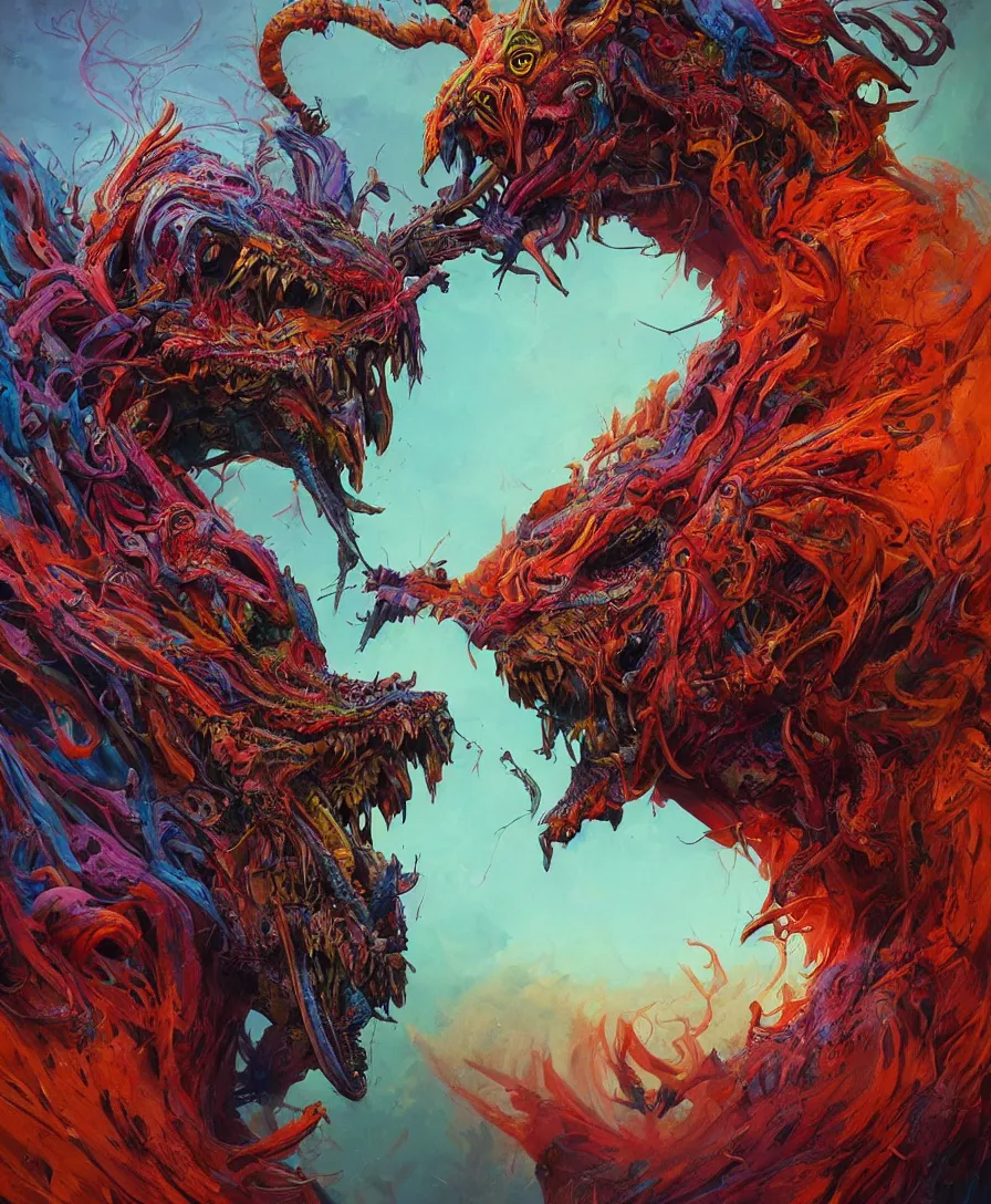 Prompt: giant colorful hyperbeast, complex and intricate, lot of head, eyes, wings, horror, details, artstation, concept art, smooth, sharp focus, illustration, art by greg rutkowski and Zdzislaw Beksinski, good clear quality, lighting, biology, hyper realism, hyper colors