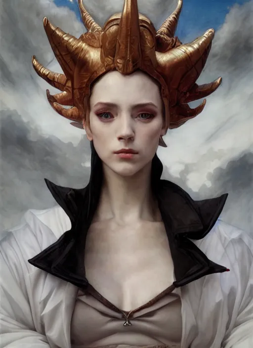 Prompt: priest demon half human, elegant, wearing a bomber jacket, armor, hyper realistic, white horns, extremely detailed, dnd character art portrait, fantasy art,, dramatic lighting, vivid colors, artstation, by edgar maxence and caravaggio and michael whelan and delacroix, lois van baarle and bouguereau