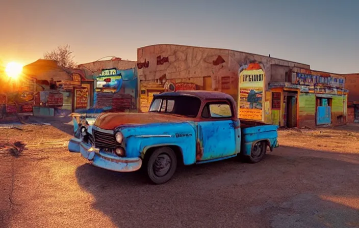 Image similar to a sunset light landscape with historical route 6 6, lots of sparkling details and sun ray ’ s, blinding backlight, smoke, volumetric lighting, colorful, octane, 3 5 mm, abandoned gas station, old rusty pickup - truck, beautiful epic colored reflections, very colorful heavenly, softlight