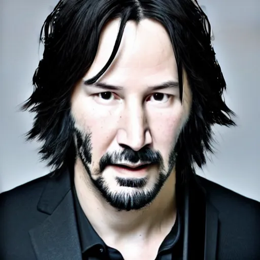 Prompt: a masterpiece portrait photo of an older keanu reeves who looks like a manic pixie dream girl mary elizabeth winstead symmetrical face