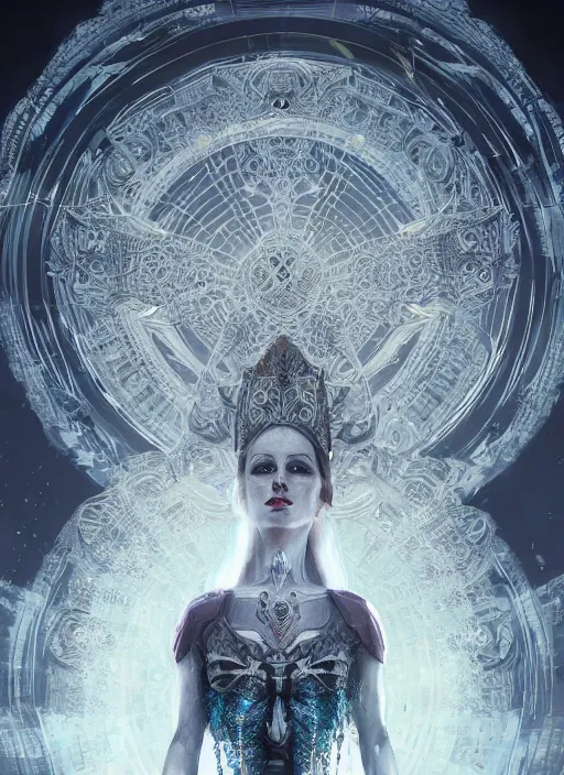 Image similar to portrait, queen of death, glowing halo, mandala, bokeh on background, dramatic lighting, cinematic, establishing shot, extremly high detail, foto realistic, cinematic lighting, post processed, concept art, artstation, matte painting, style by eddie mendoza, raphael lacoste, alex ross. 3d. octane render. by Tooth Wu and wlop and beeple and dan mumford