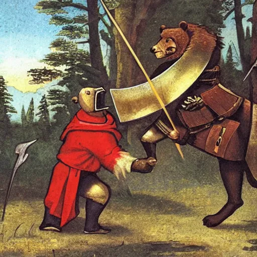 Image similar to medieval knight fights a bear. the bear is gigantic