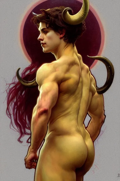 Image similar to full figure beautiful young fit antrophomorphic male ram, great horns, luminous scene, by greg rutkowski and alphonse mucha, d & d character, gradient yellow to red, in hell, highly detailed portrait, digital painting, artstation, concept art, smooth, sharp focus illustration, artstation hq