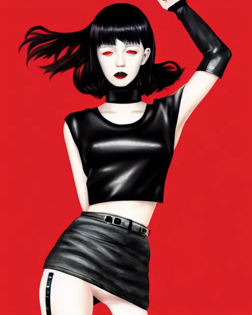 Image similar to a full body portrait of pale skin goth beauty in leather mini skirt and leather tank top, black hair, red lips, digital painting by ilya kuvshinov and ross tran and karol bak and stanley lau and anna dittmann and artgerm and xiaoguang sun and tian zi