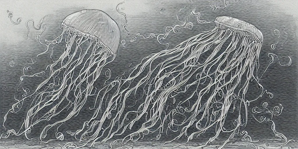 Prompt: jellyfish ocean in the style of gustave dore
