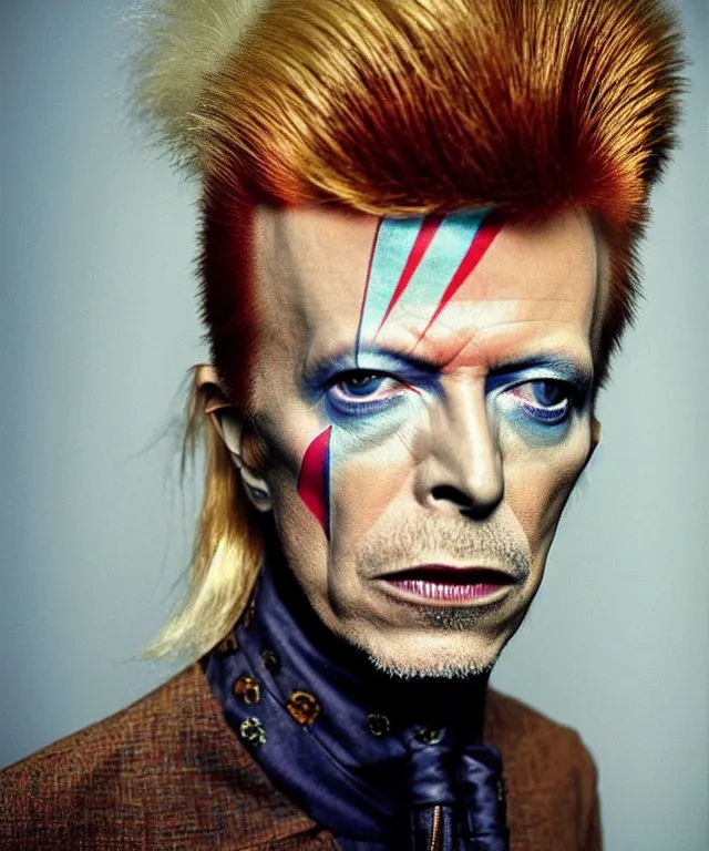 Image similar to a color photograph of david bowie, by annie leibovitz, platinum blond, intense, bold, exaggerated, overblown, ultra sharp, extra details, ultra high quality, trending on pinteresst