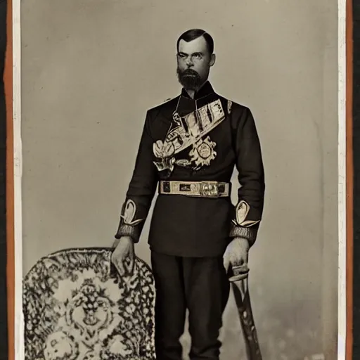 Image similar to a photograph of tsar nicholas ii as iron man