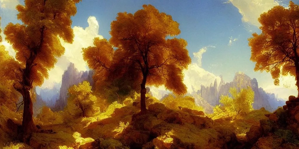 Image similar to lone oak tree growing in grand cayon, thomas moran, oil painting, beautiful composition, masterpiece