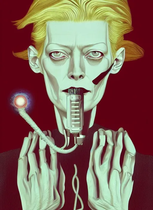 Prompt: Twin Peaks poster artwork by Michael Whelan, Bob Larkin and Tomer Hanuka, Karol Bak of portrait of radio host Tilda Swinton!!!!!!!!!! lounging in her radio sound booth, alone, late at night, listening on old headphones, David Bowie travels via electricity and beings to fuse and twist around Tilda Swinton's head, their minds become one, from scene from Twin Peaks, simple illustration, domestic, nostalgic, from scene from Twin Peaks, clean, cover of New Yorker magazine