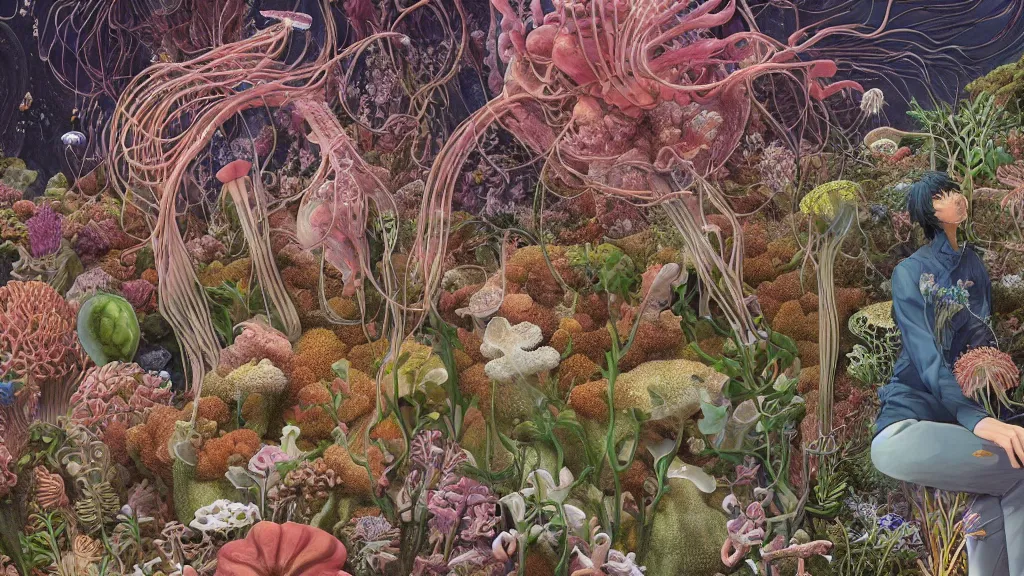 Prompt: highly detailed illustration of an anatomic human with all the known species of plants, flowers, corals, mushrooms and jellyfish by juan gatti, by makoto shinkai, by moebius!, by oliver vernon