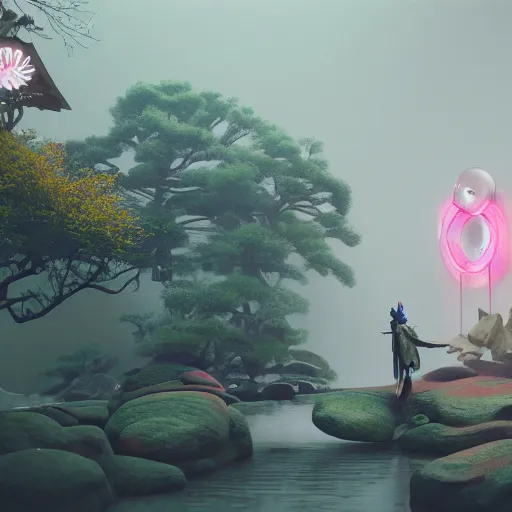 Image similar to 3 d scene of a japanese temple portal modelling goddess close - sakura trees everywhere, woodsman wearing a steampunk and neonpunk mechanical fluorescent mystical animal mask in strange misty mountain landscape. betta fish, jellyfish phoenix, bio luminescent, plasma, ice, water, wind, creature, artwork by tooth wu and wlop and beeple and greg rutkowski