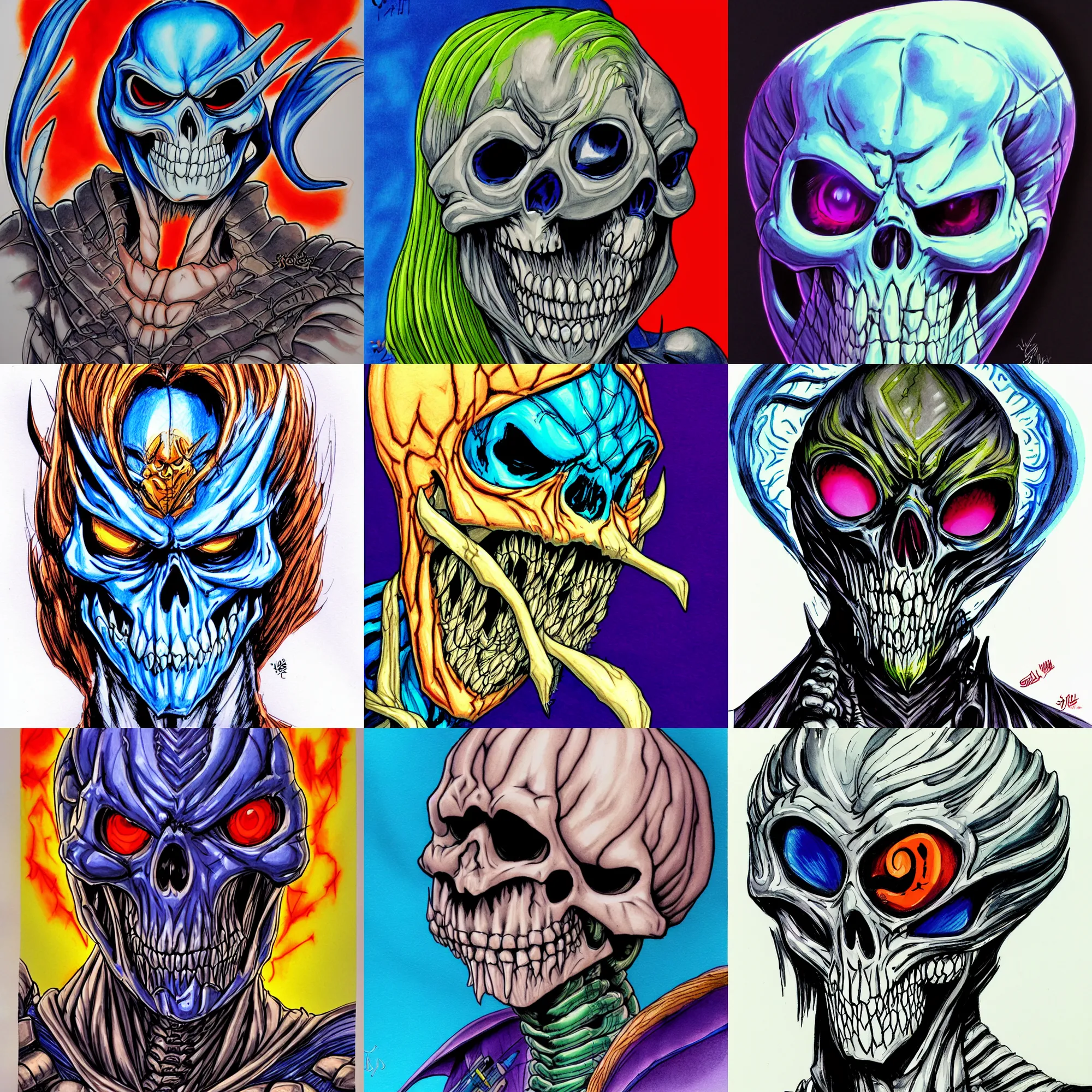 Prompt: macro head shot centered ink colored airbrushed gouache sketch by yoji shinkagawa centered symmetrical headshot of maniac skeletor in the style ofj scott campbell