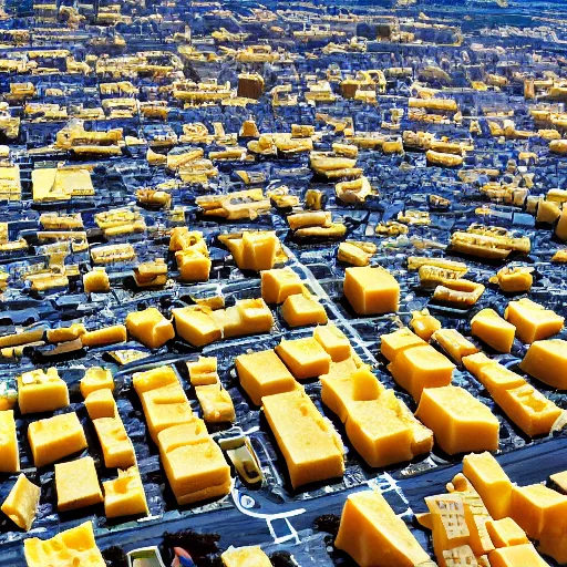 Image similar to a city made of cheese surrounded by an ocean of beans