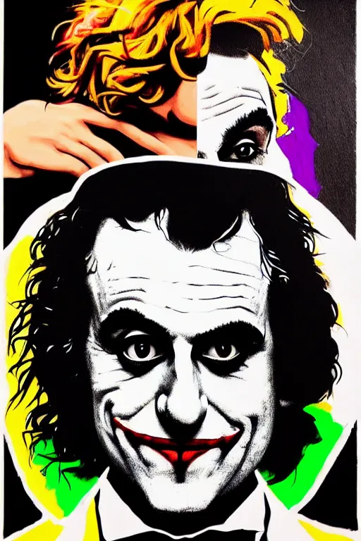 Image similar to ilya yefimovich repin and mimmo rottela and banksy as joaquin phoenix skinny joker, holding hand, lady gaga harley queen, ultra photorealistic, intricate details, pop art style, concept art, confident posse, random object details, 3 colours, warm color, 4 k, ultra smooth, sharp focus