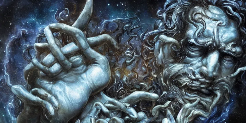 Image similar to Character portrait, face close up: Demiurge faceless god with four hands, Maker of Worlds.. Unique character. Centered in the scene. In the middle of the Universe. In the style of Samwise Didier